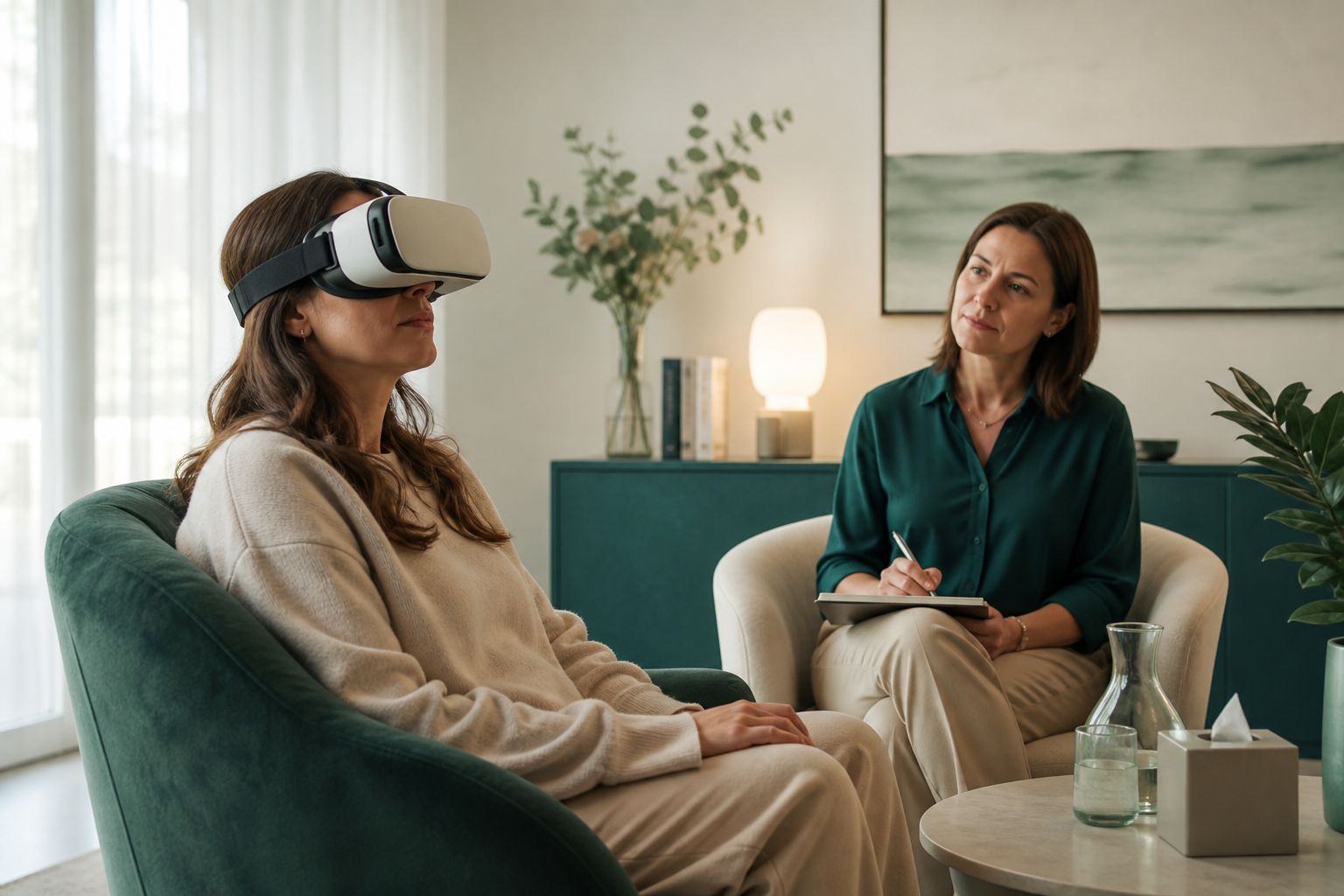 Persona che utilizza un visore per la realtà virtuale durante una seduta di psicoterapia